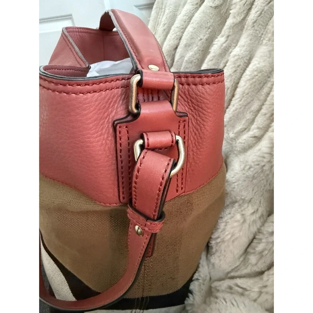 Burberry Grainy Calfskin Canvas Mega Check Medium Ashby Tassel Hobo Pink